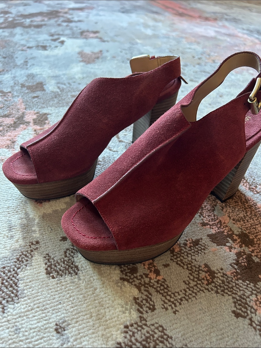 Michael Kors Burgundy Suede Peep-Toe Platform Slingback Heels